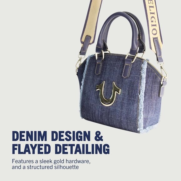 Women’s Denim Satchel Bag with Horseshoe Logo and Gold Hardware - Picture 3 of 6